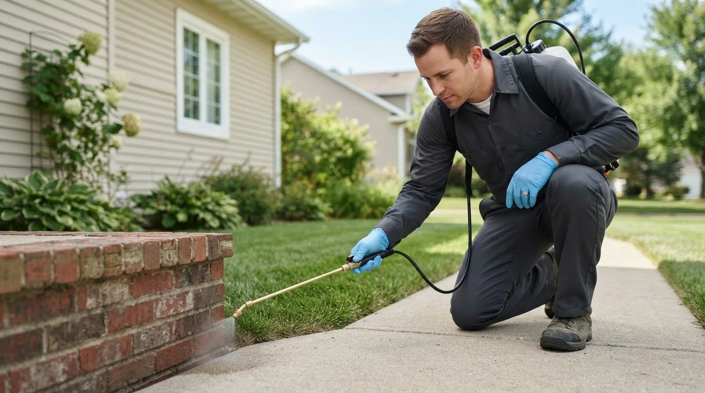 Pest control technician treating a home near Troy, IL